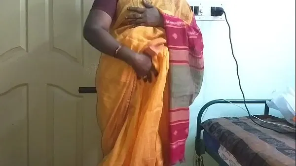 HD desi indian horny tamil telugu kannada malayalam hindi cheating wife vanitha wearing orange colour saree showing big boobs and shaved pussy press hard boobs press nip rubbing pussy masturbation Video teratas