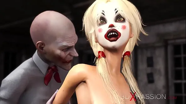 HD-Man wearing a clown mask plays with a cute sexy blonde in the abandoned room topvideo's