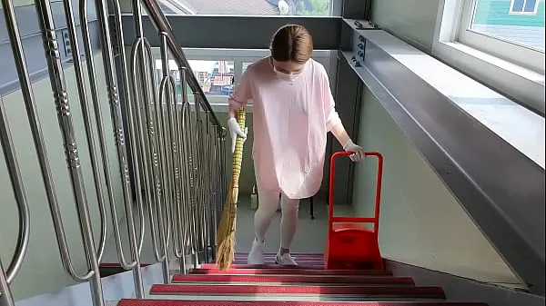 HD Korean female part-timer - wearing short shorts and cleaning the office stairs, no bra top Videos