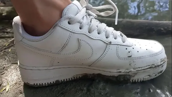 HD This twink tramples mud with his white sneakers Nike Air Force One AF1 no socks top Videos